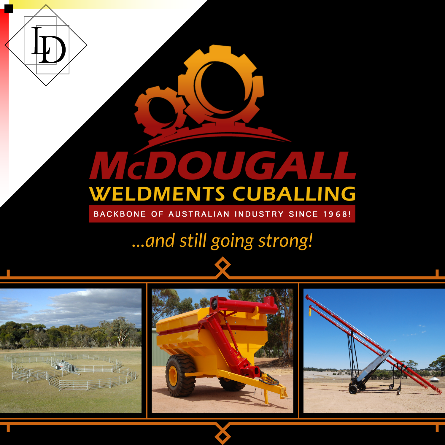 The image depicts the Logical Developments logo in the top left, and the McDougall Weldments logo in the upper centre along with it's slogan "Backbone of Australian Industry since 1968!". Immediately underneath, in the image centre, is a tag which reads "and still going strong!"
                In the lower half of the image, a stylised frame with three images is shown. The first image is of the McDougall Weldments mobile sheepyards, the second of a chaser bin, and the third is of an auger.